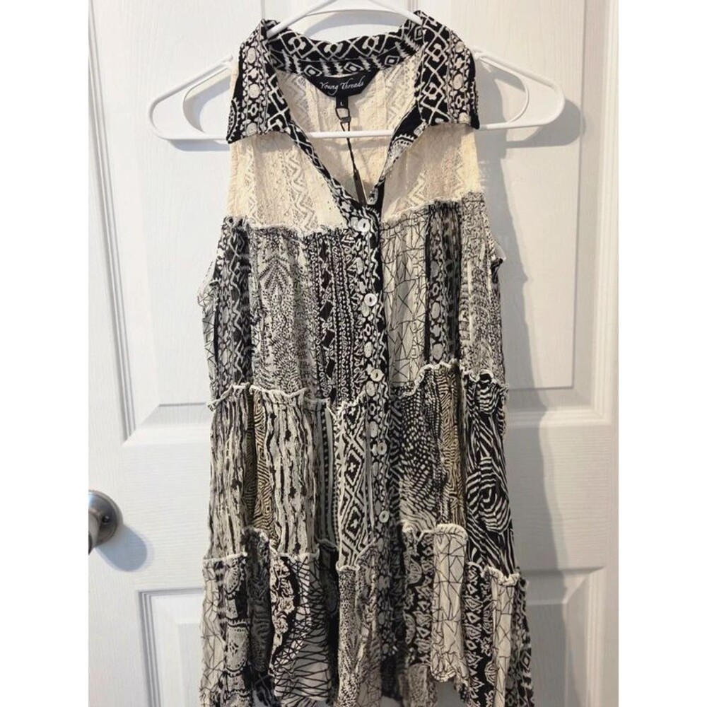 NWT Young Threads Patchwork Tunic Top Large Sleeveless Boho Button Front Lace